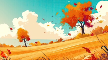 autumn background vector illustration, colorful autumn trees with falling leaves on the ground, in...