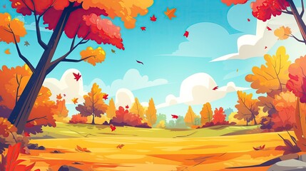autumn background vector illustration, colorful autumn trees with falling leaves on the ground, in...