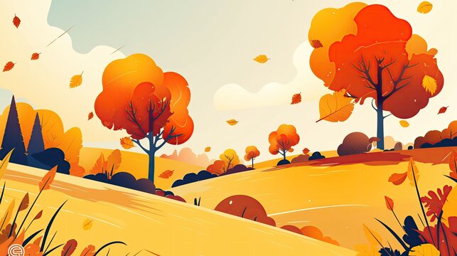 autumn background vector illustration, colorful autumn trees with falling leaves on the ground, in the style of cartoon, flat design, detailed background,  generated AI