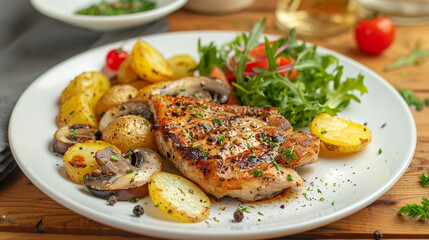 Homemade chicken chop with spices, lettuce and vegetables on a plate.