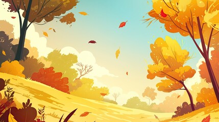 autumn background vector illustration, colorful autumn trees with falling leaves on the ground, in...