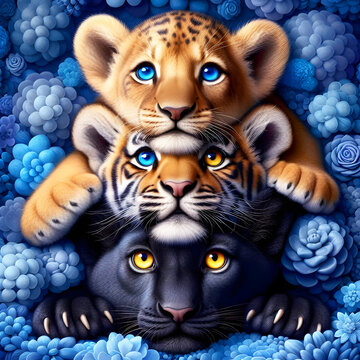 3 cat painting: a ghepard a tiger and a black panther cubs on top  and among blue flowers, felines, big cats, leopard, cheetah