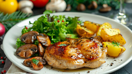 Homemade chicken chop with spices, lettuce and vegetables on a plate.