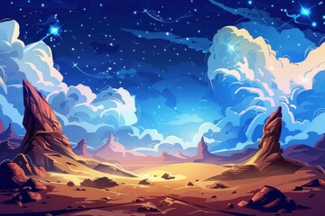 Fototapeta premium Desert Landscape with Colorful Clouds and Stars