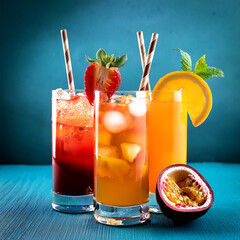 a glasses of strawberry,apple,orange. With blue background