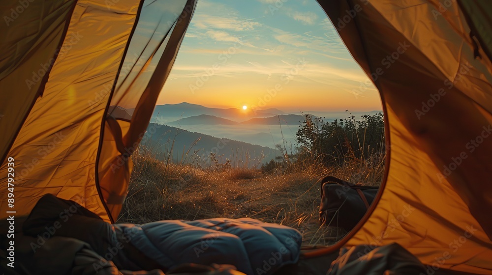 Wall mural view from the tent of the mountain landscape during sunset or sunrise