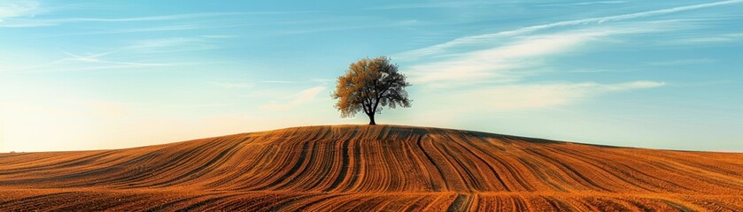 Obraz premium A solitary tree stands atop a rolling hill, surrounded by rich golden soil under a vast blue sky, evoking tranquility and beauty.