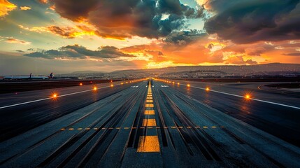 Obraz premium A stunning sunset view of an airport runway, illuminated with lights, capturing the serene beauty of travel and aviation.