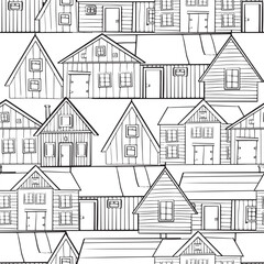 Doodle buildings. Black and white line art seamless pattern of various houses. Outline monochrome architecture