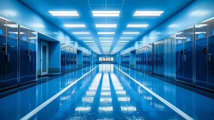 Fototapeta premium A modern corridor featuring vibrant blue lighting and sleek floors, creating a futuristic and clean atmosphere.