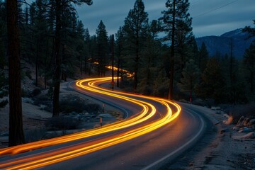 Naklejka premium A winding road illuminated by streaks of car lights, surrounded by towering trees and a serene twilight atmosphere.