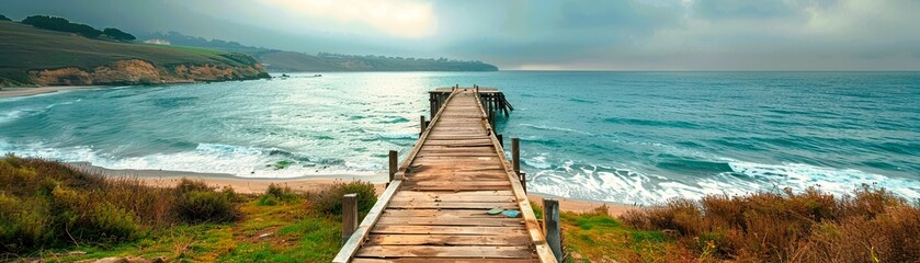 Obraz premium Scenic wooden pier extending into calm sea under a cloudy sky, perfect for relaxation and nature photography.