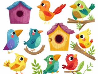 Fototapeta premium Matching Game: Colorful Bird and Birdhouse Pairs for Kids