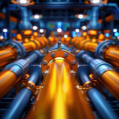 Oil rig with pipelines and full equipment, selective focus, engineering theme, vibrant, overlay, mechanical backdrop.