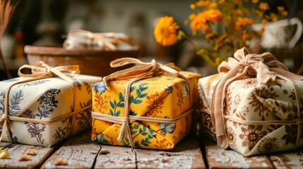 Beautifully wrapped gifts in colorful floral fabric, adorned with ribbons, creating a warm and inviting atmosphere.