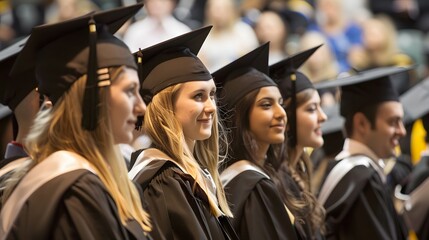 Smiling graduates in caps and gowns at a ceremony