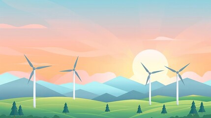 Fototapeta premium Wind farm conservation, reducing carbon footprint, flat design illustration