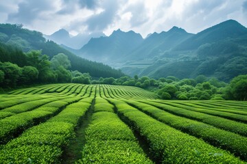 Tea plantation in mountains. Green tree hill landscape. Generated AI