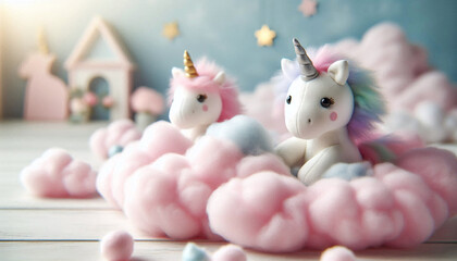 Plush unicorn toy nestled in pastel clouds