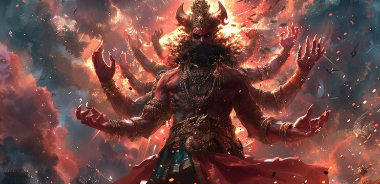 Illustration of rawan the demon indian king with multiple hands