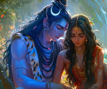 painting of indian god shiva and goddess parvati in love