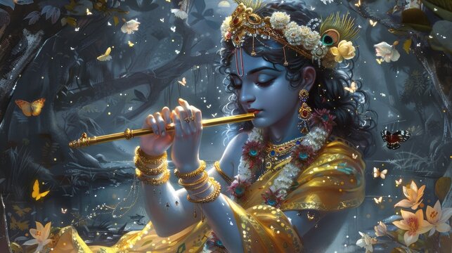 An Illustration of young god krishna playing his flute peacefully