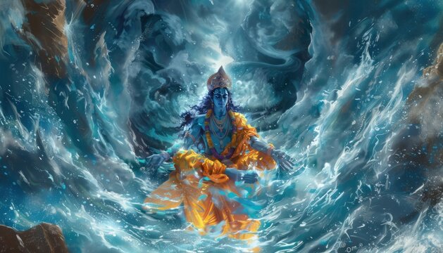 An Illustration of indian god vishnu in the water thunder