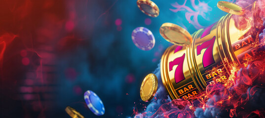Fototapeta premium Golden slot machine with big win with fire effect, online slot game banner, Illustration