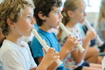 Young boy playing a recorder in a music class.