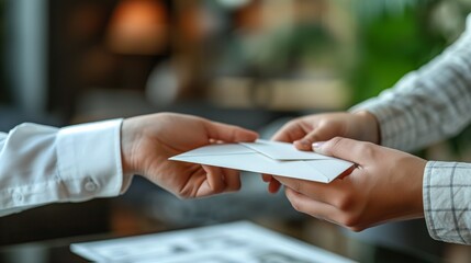 Two people exchanging an envelope, symbolizing communication, formal letter delivery.