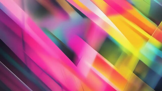 The art features vibrant geometric shapes in pink, yellow, and blue. Bright light effects create a dynamic and energetic mood. The bold colors and sharp angles add visual interest, resembling a