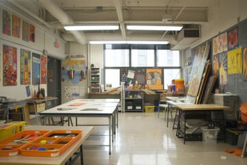 Empty art studio with tables, art supplies and paintings on the walls.