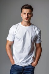 Fototapeta premium Young man wearing white blank t-shirt and blue jeans against gray background