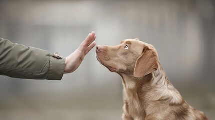 Close up Shot of a Dog Performing Canine Freestyle Trick with Handler s Hand Signal