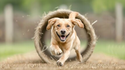 Photo of Dog Performing Canine Freestyle Sports Routine Through Tunnel Prop in Bright Daylight