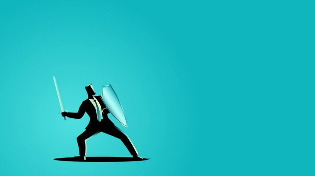 Businessman wielding a sword and shield, battling his own shadow. Ideal for motivational and personal development contents, symbolizes the internal struggle and the fight for self-improvement