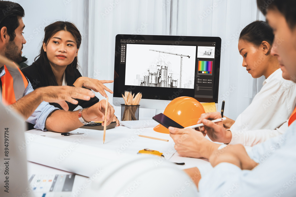Poster diverse group of civil engineer and client working together on architectural project, reviewing cons