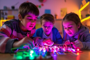 Children working on electronics project.