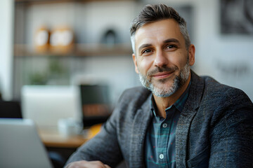 Man in his 40s, smiling, wearing business suit, sitting in office
