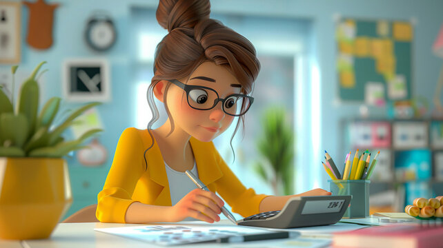 3D cartoon rendering of a businesswoman at her desk, using a calculator for budget estimation, modern office scene,