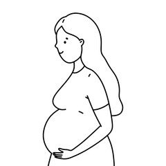 Smiling pregnant woman isolated on a white background. Vector hand-drawn illustration in doodle style. Perfect for logo, various designs.