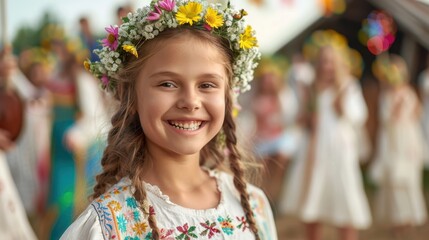 Fototapeta premium A smiling young girl wearing a floral crown and traditional attire enjoys a lively outdoor cultural festival, surrounded by other festively dressed children in similar attire.