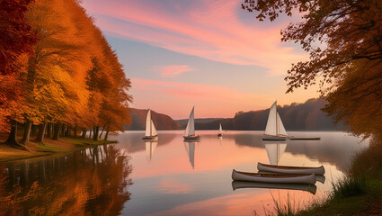 Naklejka premium Wonderful autumn sunrise of Hintersee lake. Amazing morning view of Bavarian Alps on the Austrian border, Germany, Europe. Beauty of nature concept background. generative by ai...