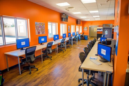 Computer lab with orange walls and wooden floor. - Powered by Adobe
