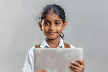 Obraz premium Young female Indian student smiling, in school uniform holding a laptop