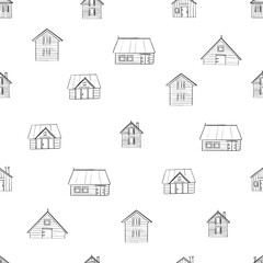 Fototapeta premium Seamless pattern village. House icons showcasing different architectural styles. Black and white doodle buildings. Outline monochrome