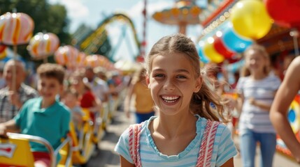 A child stands amid a bustling amusement park with vibrant rides, colorful balloons, and people enjoying the lively atmosphere on a bright, sunny day.