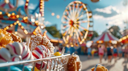 Fototapeta premium An array of colorful candy treats in the foreground, with a ferris wheel and other carnival rides in the background, set against a bright, sunny sky.