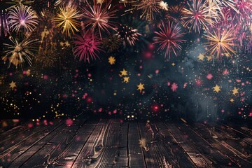 Fireworks display above wooden plank surface at night, copy space