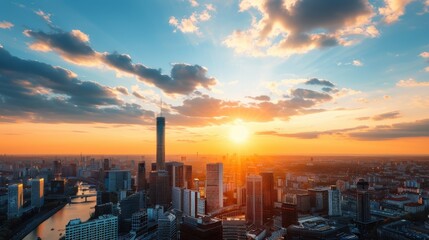 A golden sunset creates a breathtaking scene with an urban city skyline, towering buildings, and the tranquil waters below reflecting the warm hues of the evening sky.